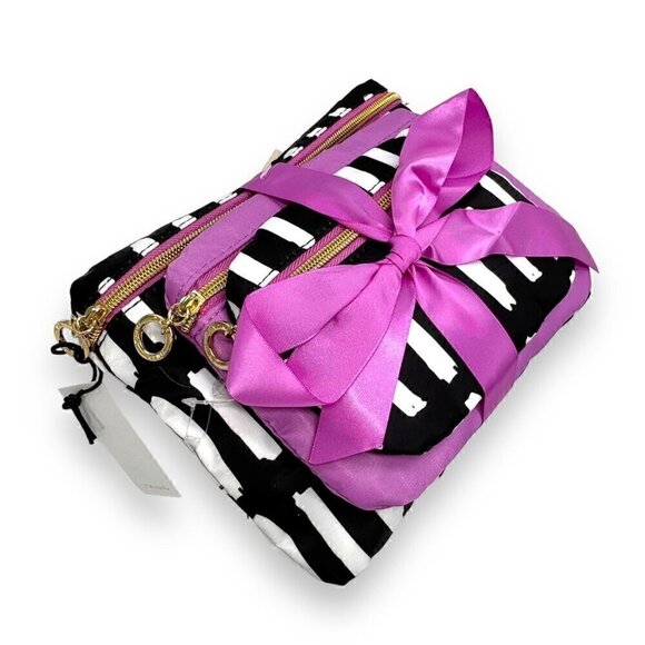 NWT Trina Set of 3 PCs Cosmetic Makeup Bag Cases Black & White Stripes Pink - Picture 2 of 9